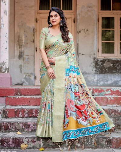 Pastel Green Tussar Silk Saree with Mythological Kalamkari Pallu and Zari Border