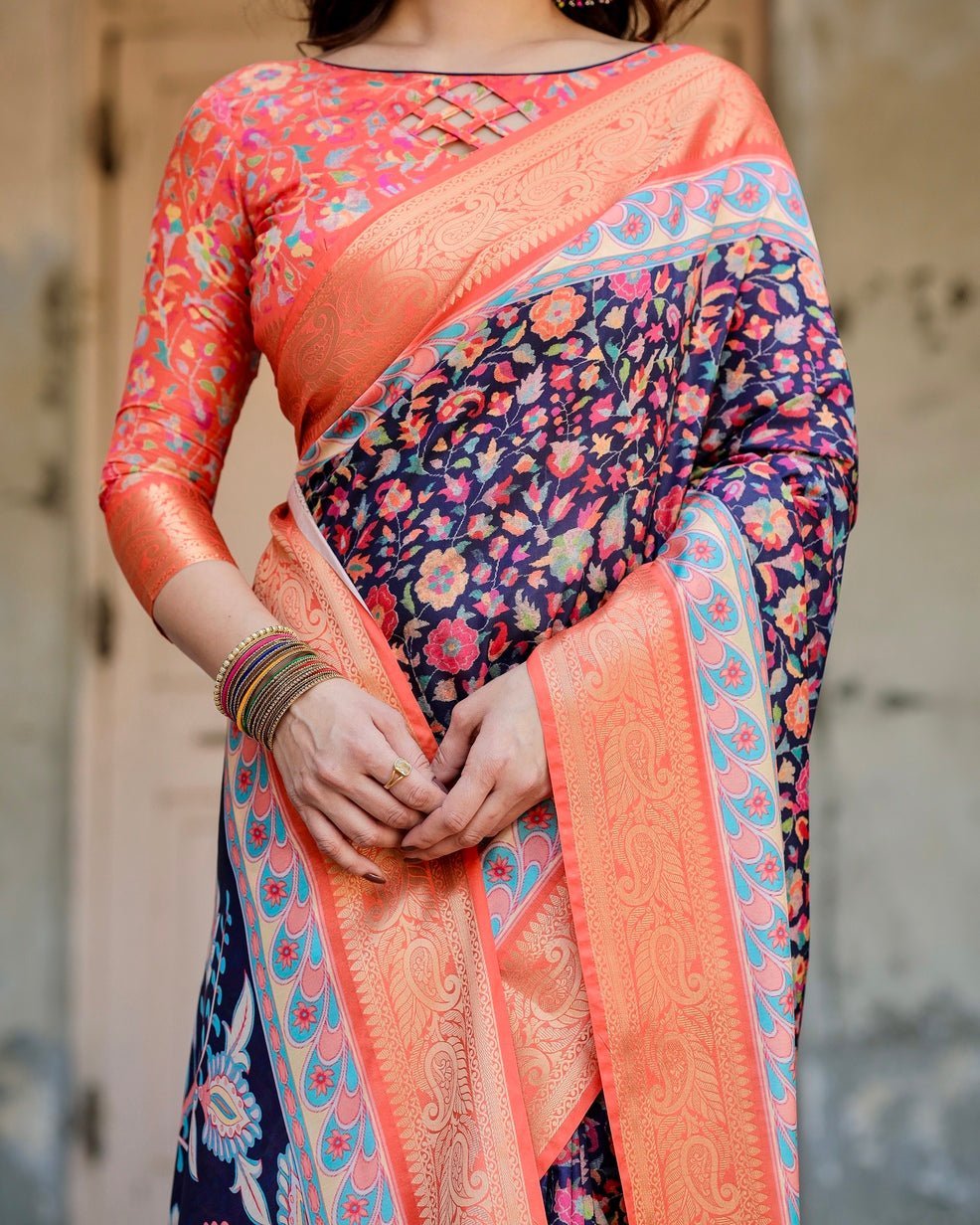 Navy Blue and Peach Tussar Silk Saree with Peacock Motifs and Floral Zari Border