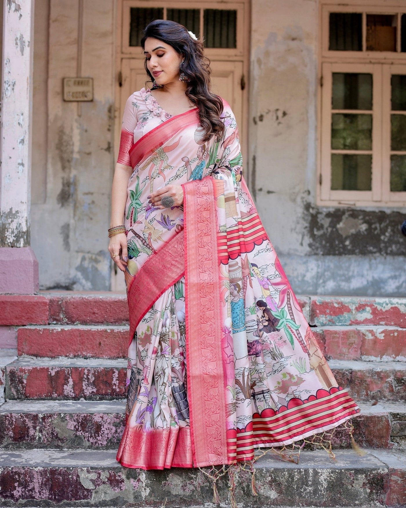 Blush Pink Digital Print Tussar Silk Saree with Vibrant Storyline Art