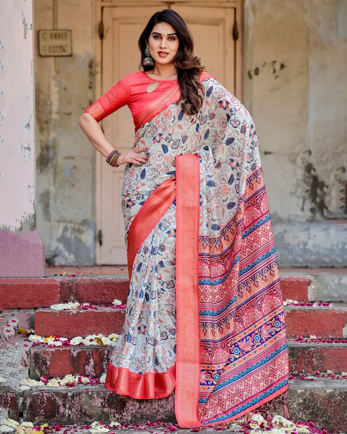 Ivory Tussar Silk Saree with Coral Zari Border and Intricate Floral Motifs