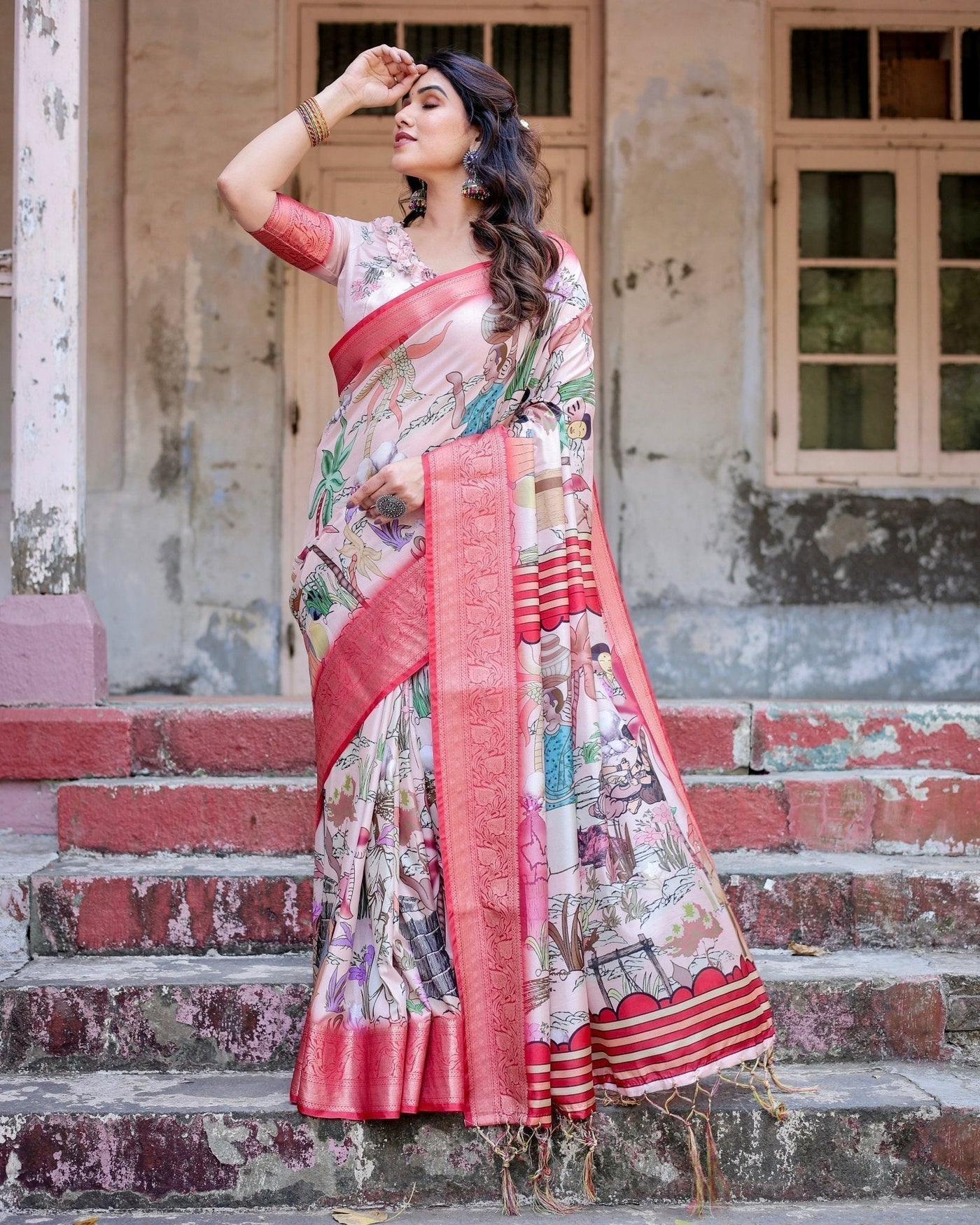 Blush Pink Digital Print Tussar Silk Saree with Vibrant Storyline Art