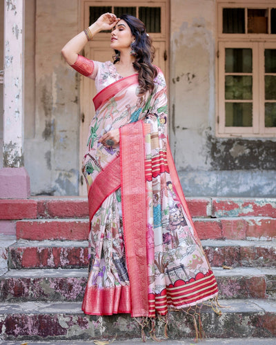 Blush Pink Digital Print Tussar Silk Saree with Vibrant Storyline Art