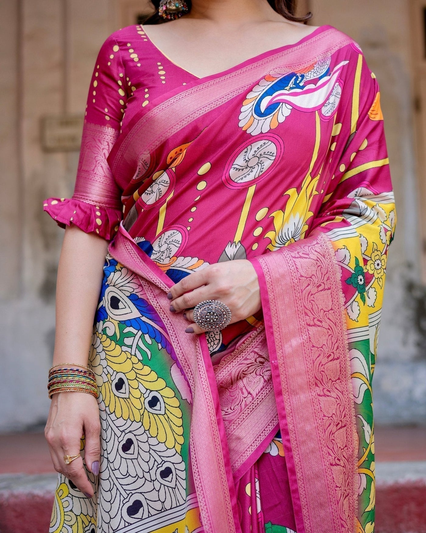 Magenta Tussar Silk Saree with Artistic Peacock & Floral Kalamkari Design