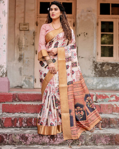 Ivory Tussar Silk Saree with Artistic Floral Motifs and Gleaming Golden Zari Border