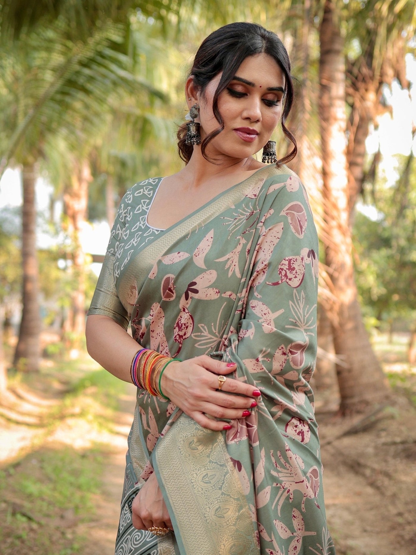 Graceful Olive Green Tussar Silk Saree with Intricate Beige and Maroon Botanical Print and Zari Border