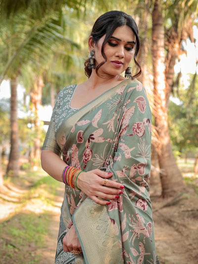 Graceful Olive Green Tussar Silk Saree with Intricate Beige and Maroon Botanical Print and Zari Border