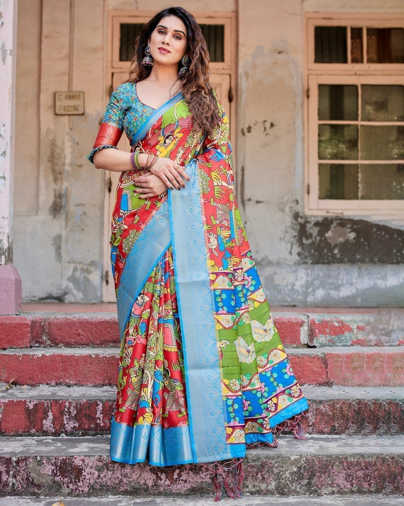 Multicolor Folk Art Inspired Digital Print Tussar Silk Saree with Sky Blue Zari Border