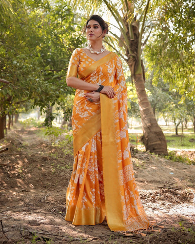 Sunshine Yellow Tussar Silk Saree with White Floral Motifs, Lustrous Zari Border, and Graceful Tassel Pallu
