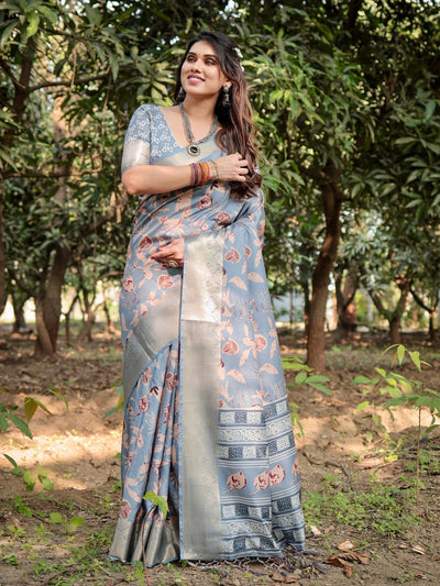 Stylish Sky Blue Tussar Silk Saree with Beige and Gold Zari Work and Contemporary Pallu Design