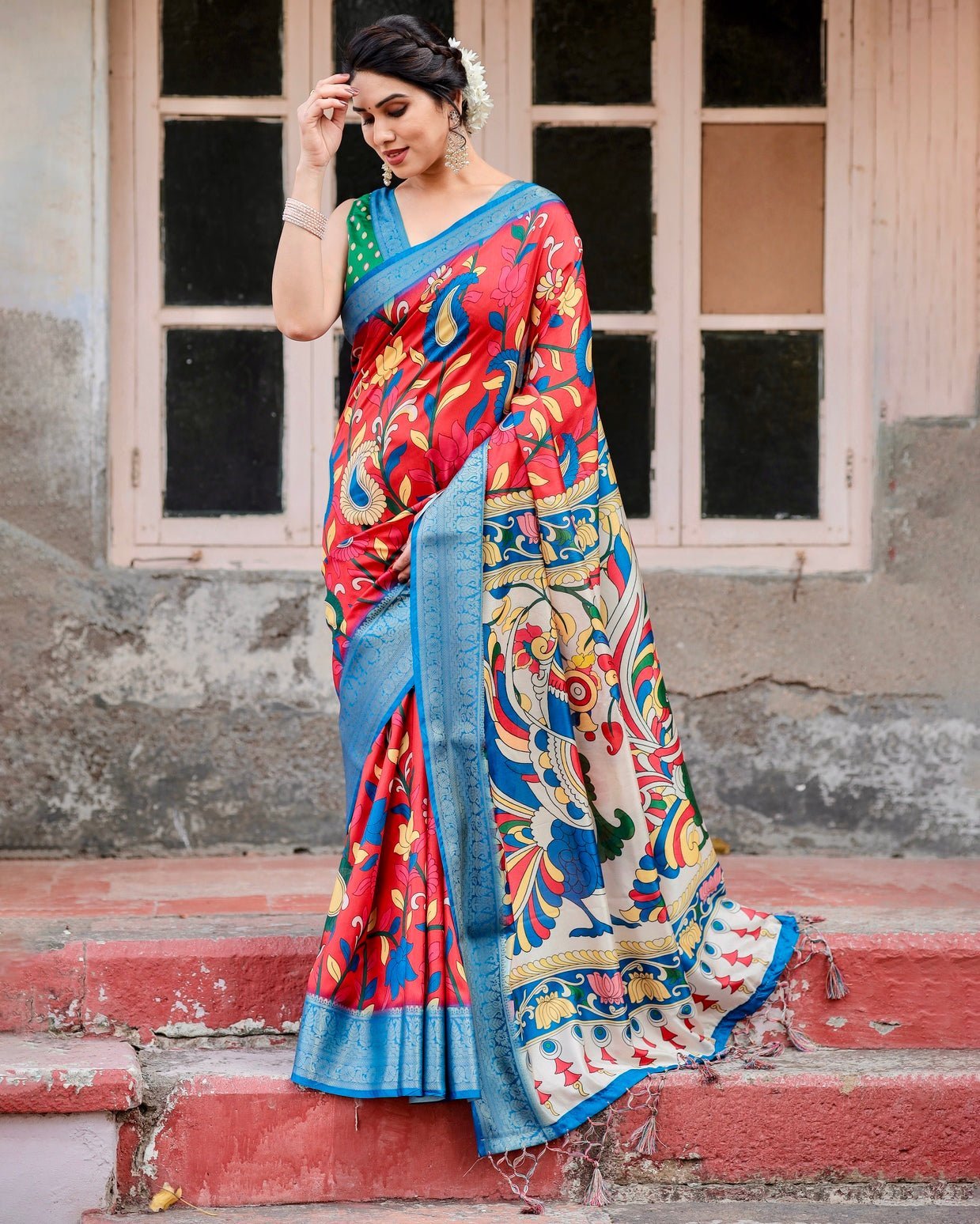 Multicolor Tussar Silk Saree with Vibrant Peacock and Floral Motifs