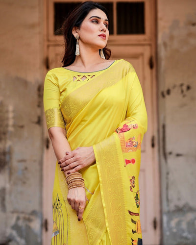 Vibrant Yellow Tussar Silk Saree with Royal Procession Pallu and Zari Accents