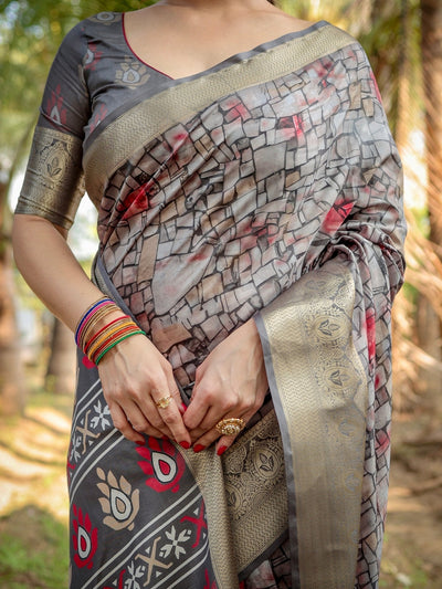 Stunning Grey Tussar Silk Saree with Golden Zari Border and Mosaic-Inspired Pallu Design