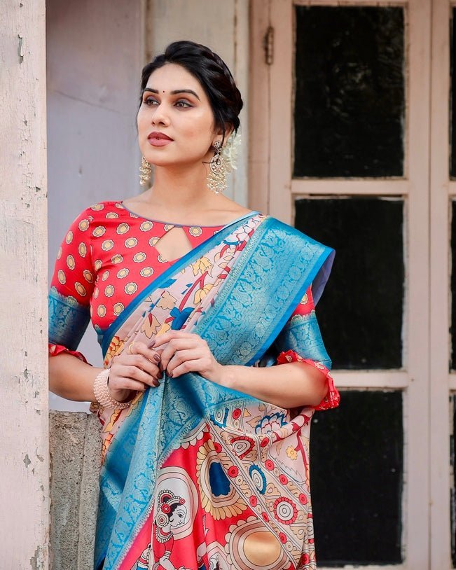 Beige and Red Tussar Silk Saree with Divine Motifs and Floral Zari Border
