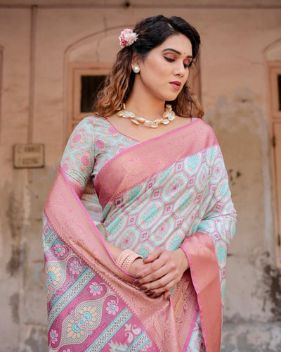 Pastel Pink and Mint Green Geometric Tussar Silk Saree with Zari Paisley Border
