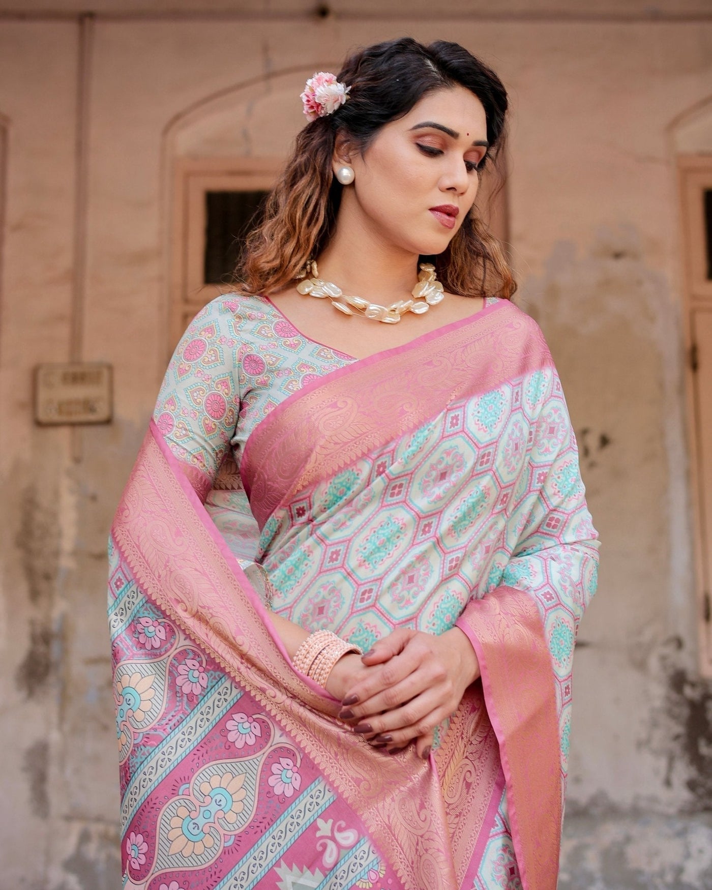 Pastel Pink and Mint Green Geometric Tussar Silk Saree with Zari Paisley Border