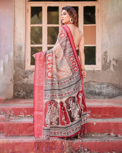 Beige and Red Tussar Silk Saree with Traditional Motifs and Ornamental Zari Border