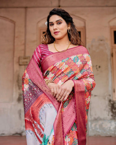 Maroon Tussar Silk Saree with Vibrant Geometric Tile Print and Zari Paisley Border