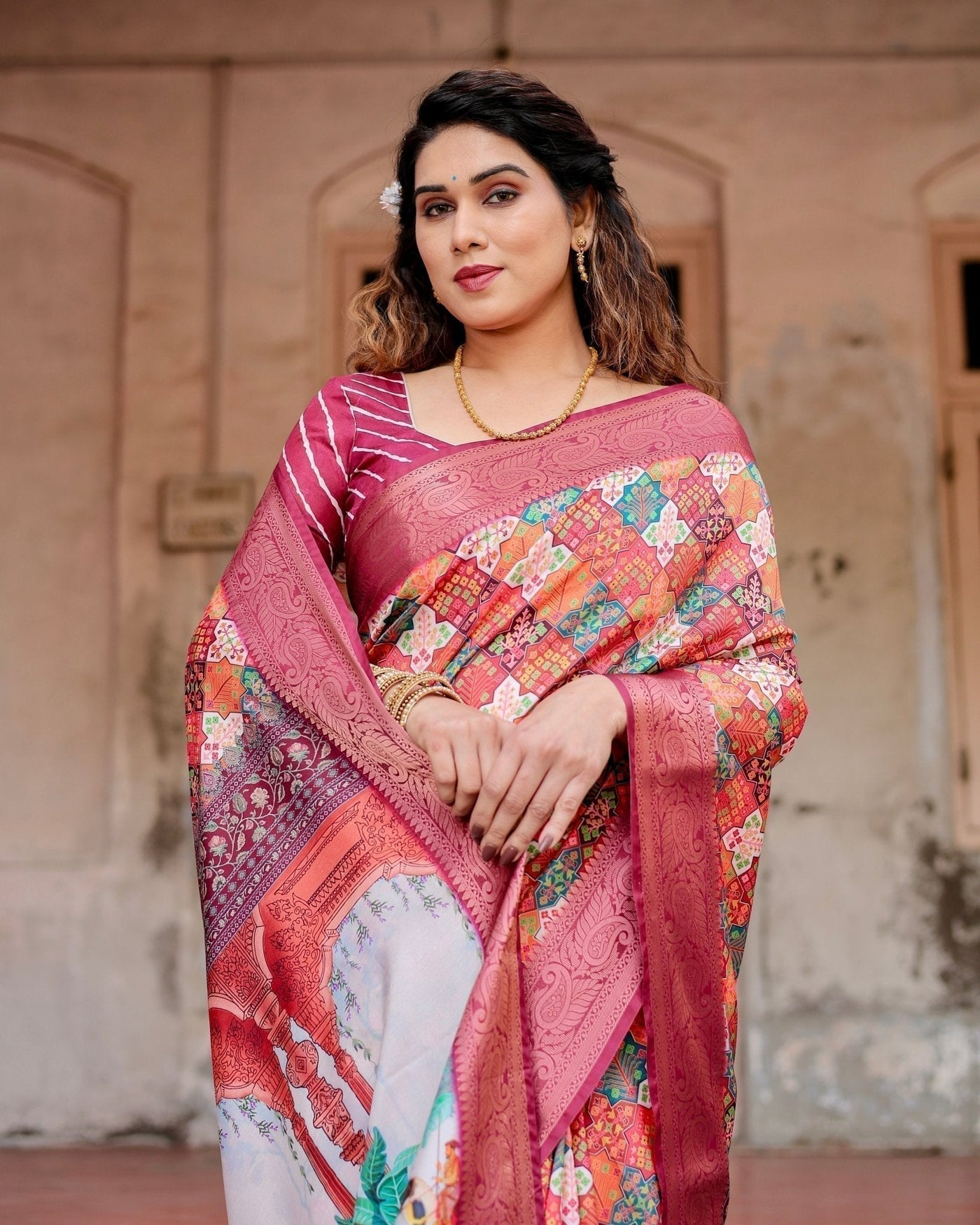 Maroon Tussar Silk Saree with Vibrant Geometric Tile Print and Zari Paisley Border