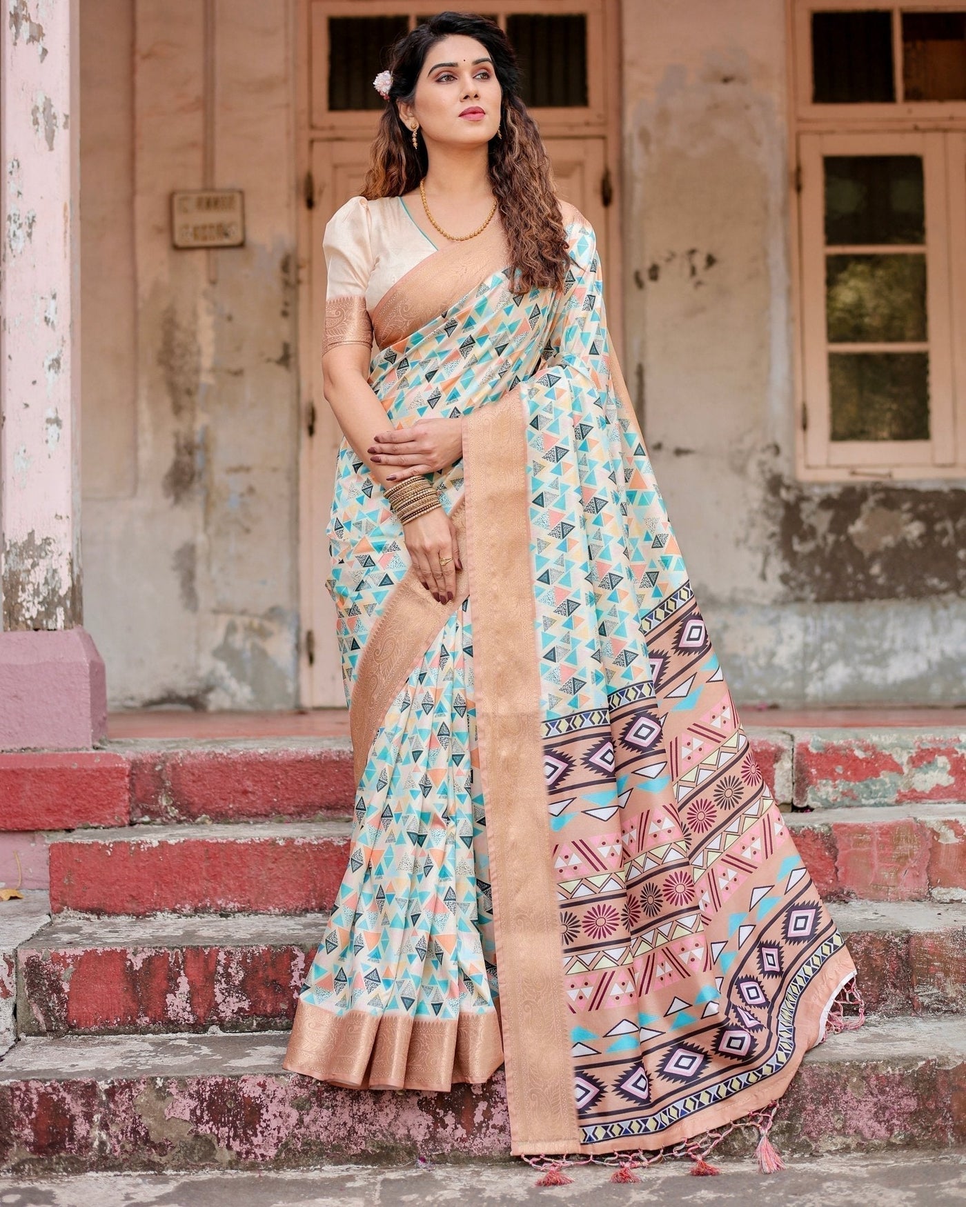 Contemporary Beige Tussar Silk Saree with Geometric Triangle Print and Golden Zari Border