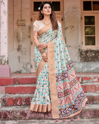 Contemporary Beige Tussar Silk Saree with Geometric Triangle Print and Golden Zari Border
