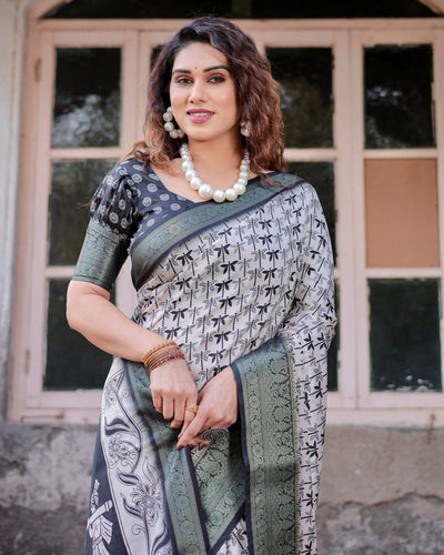 Monochrome White and Black Tussar Silk Saree with Tribal Art Motifs and Zari Border