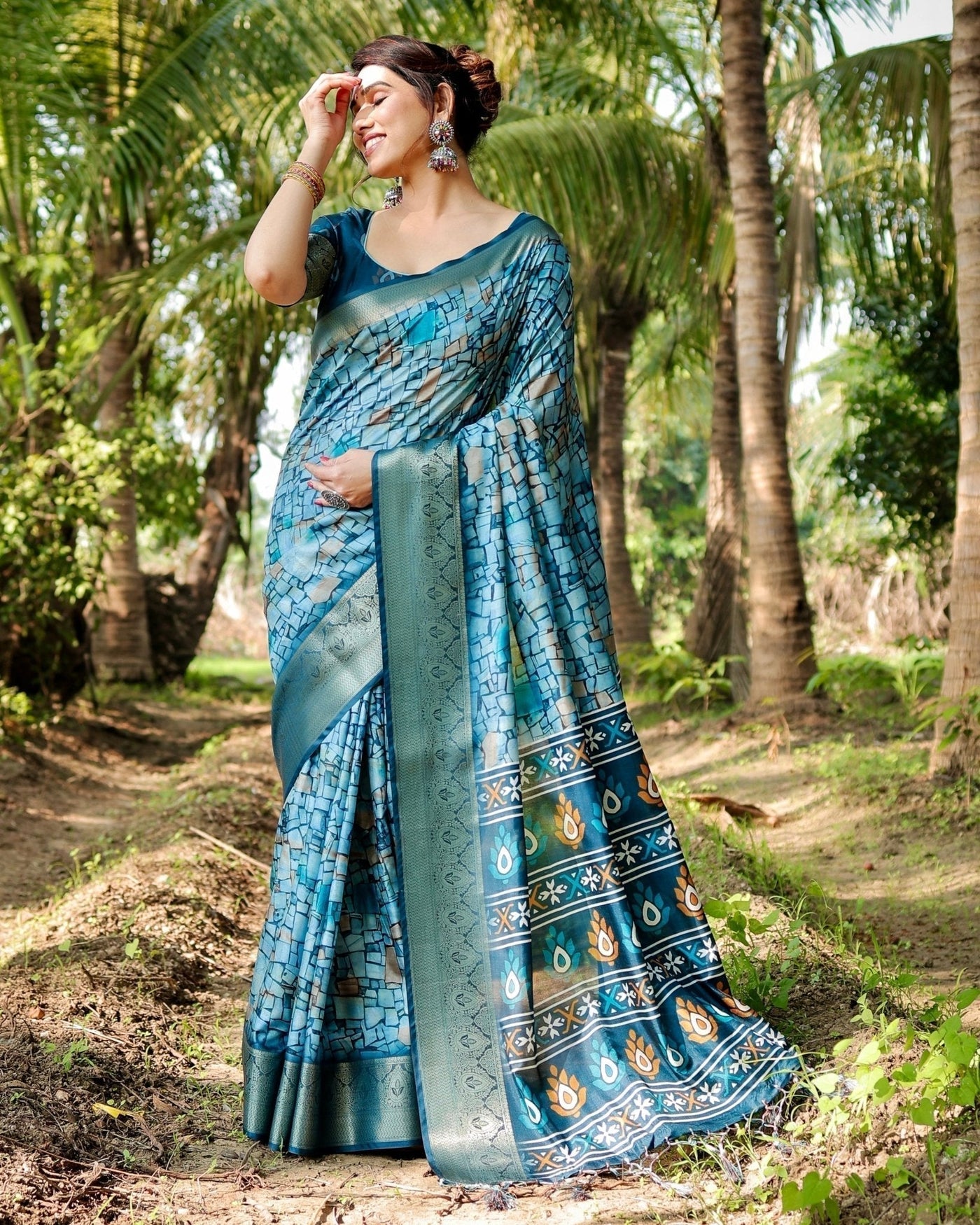 Mesmerizing Blue Tussar Silk Saree with Golden Zari Border and Mosaic-Inspired Pallu Design