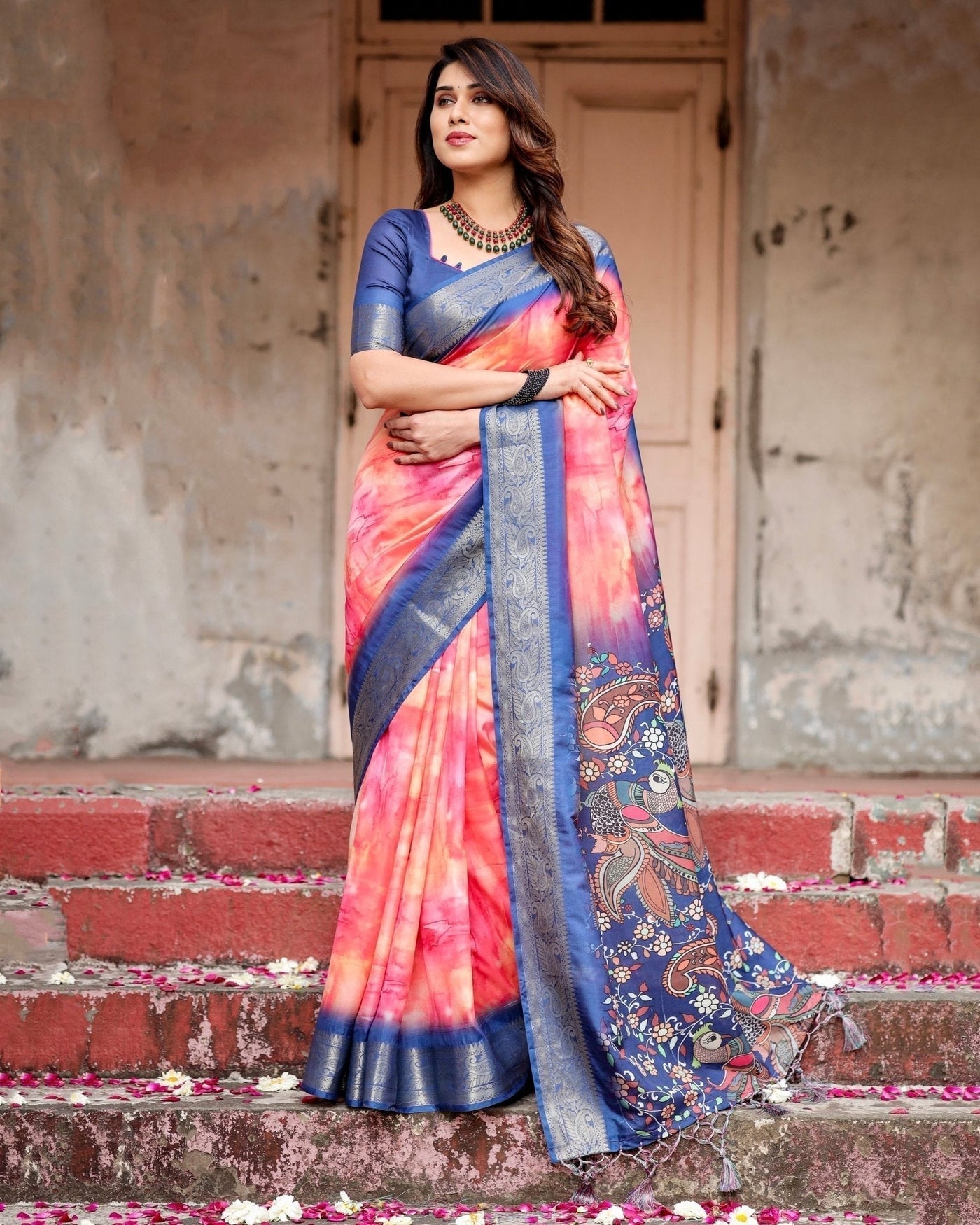 Pink and Blue Digital Printed Saree with Peacock Motif and Tassel Detail