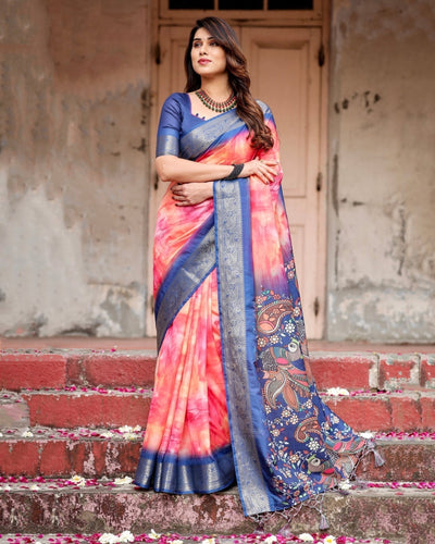 Pink and Blue Digital Printed Saree with Peacock Motif and Tassel Detail