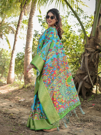 Vibrant Peacock Motif Blue and Green Tussar Silk Saree with Zari Border