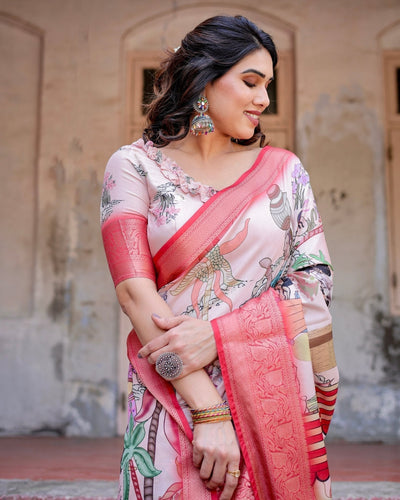 Blush Pink Digital Print Tussar Silk Saree with Vibrant Storyline Art
