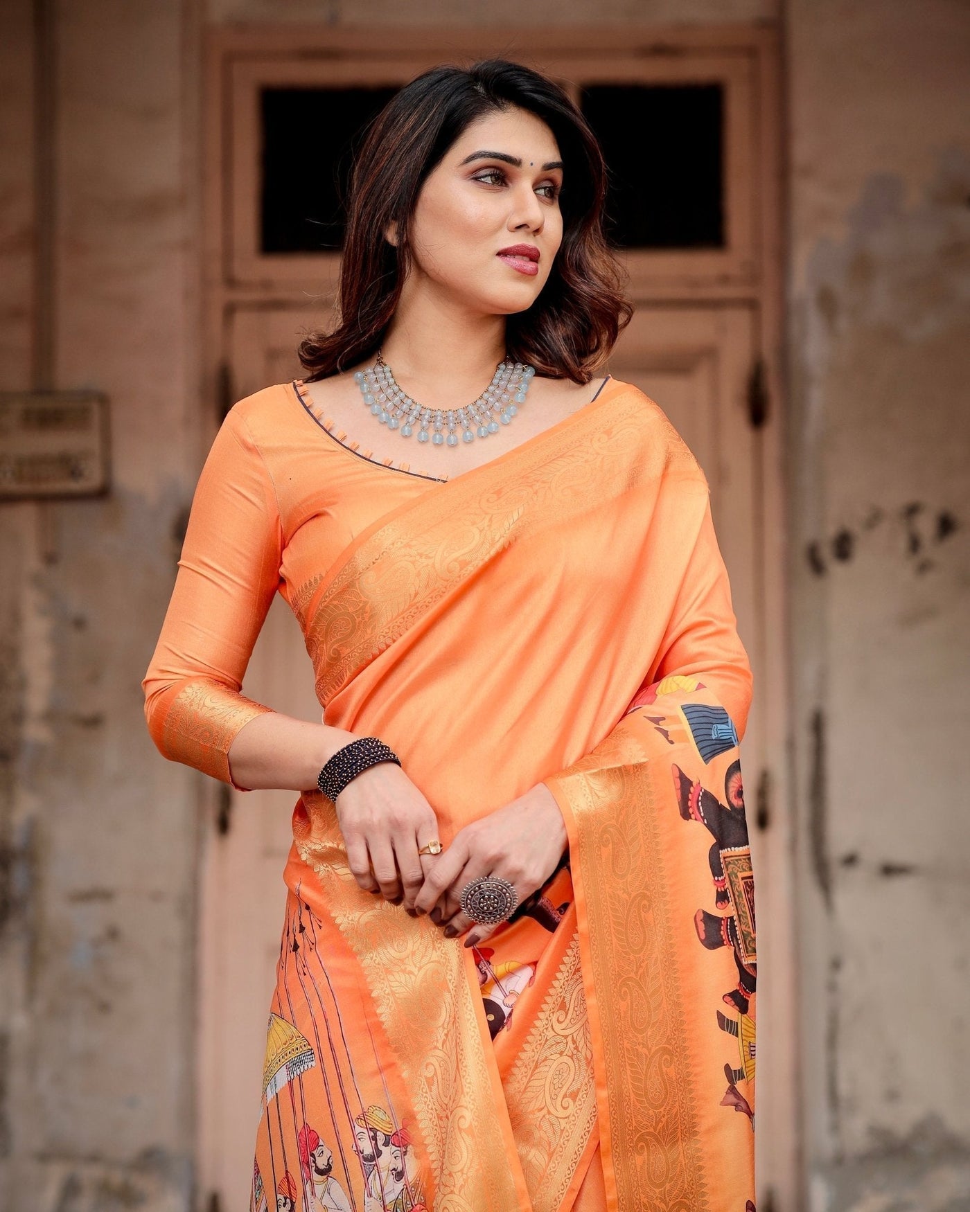 Sunset Orange Tussar Silk Saree with Royal Procession Pallu and Zari Border