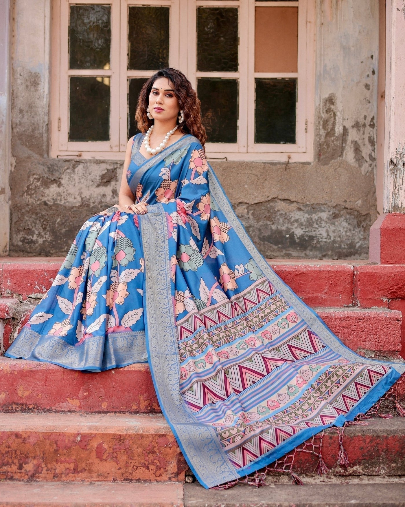 Sky Blue Tussar Silk Saree with Bold Floral Motifs and Chevron Pallu Design