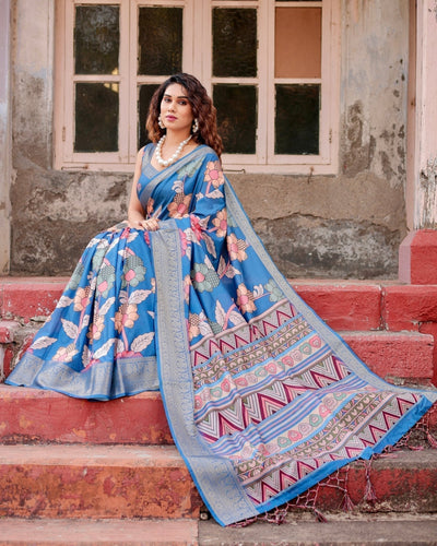 Sky Blue Tussar Silk Saree with Bold Floral Motifs and Chevron Pallu Design
