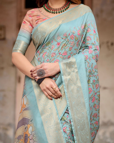 Sky Blue Tussar Silk Saree with Intricate Zari Border and Artistic Pallu Design
