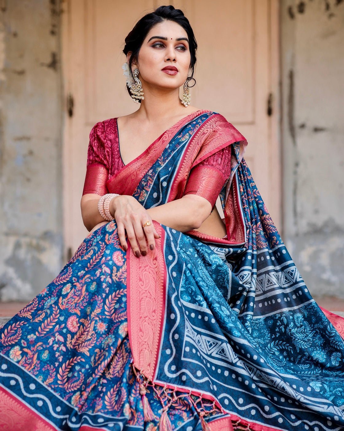 Teal Blue and Coral Tussar Silk Saree with Floral Weaves and Geometric Pallu