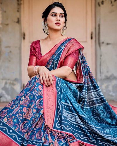 Teal Blue and Coral Tussar Silk Saree with Floral Weaves and Geometric Pallu