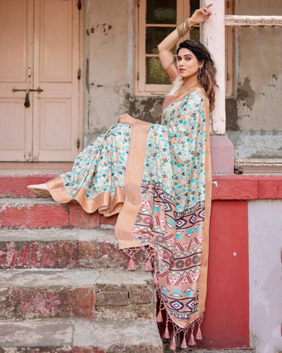Contemporary Beige Tussar Silk Saree with Geometric Triangle Print and Golden Zari Border