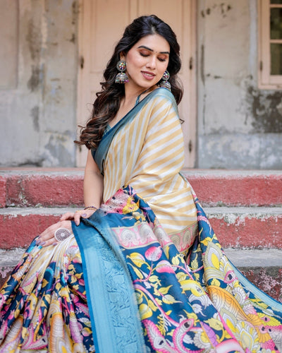 Beige & Teal Tussar Silk Saree with Intricate Kalamkari and Zari Border