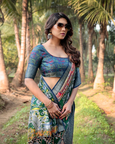 Multicolored Digital Print Tussar Silk Saree with Intricate Zari Border and Elephant Motif Pallu