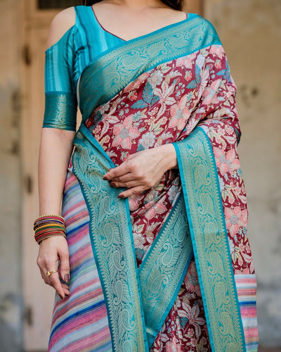 Maroon and Teal Tussar Silk Saree with Floral Zari Weave and Striped Pallu