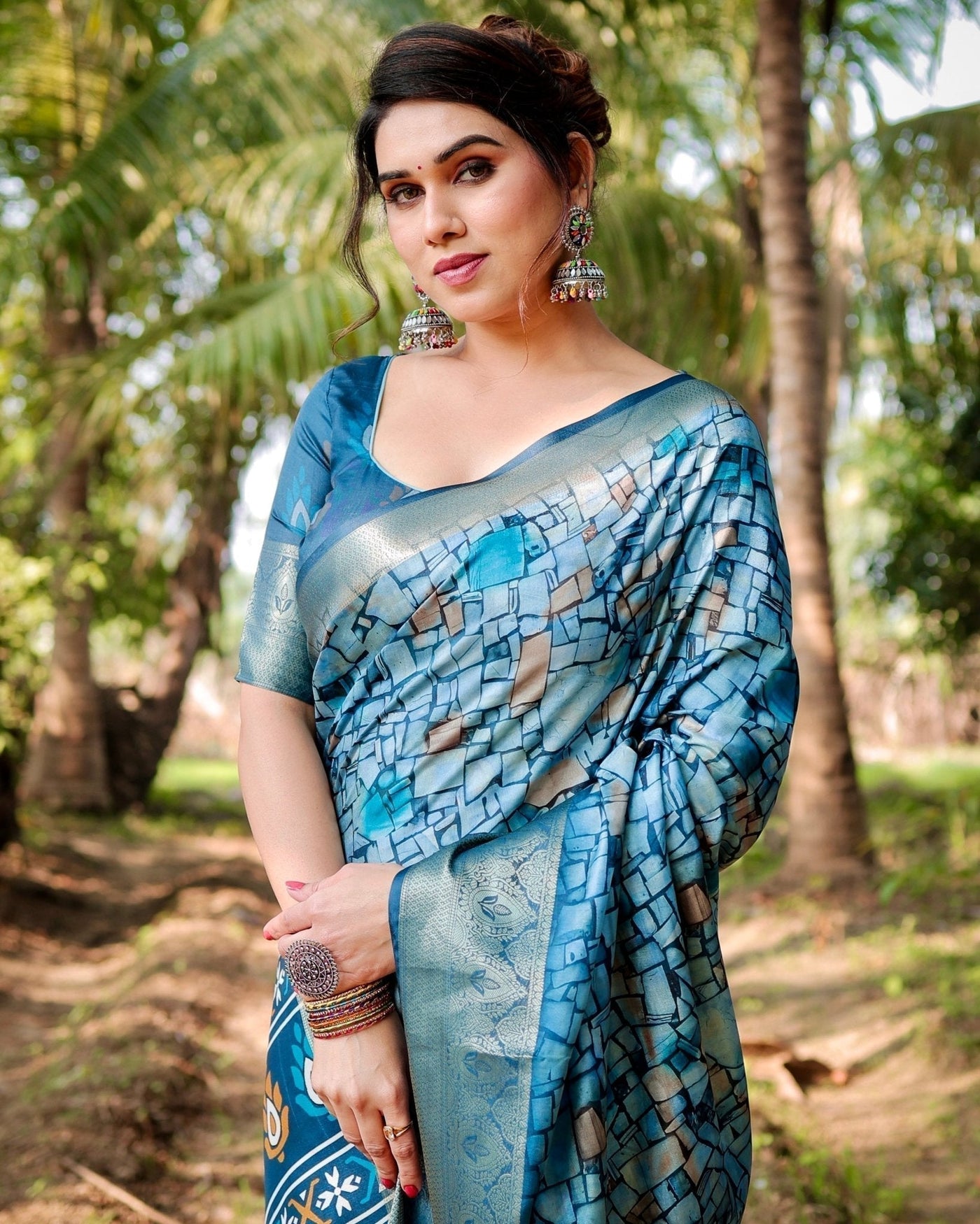 Mesmerizing Blue Tussar Silk Saree with Golden Zari Border and Mosaic-Inspired Pallu Design