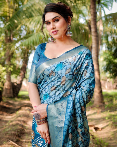 Mesmerizing Blue Tussar Silk Saree with Golden Zari Border and Mosaic-Inspired Pallu Design