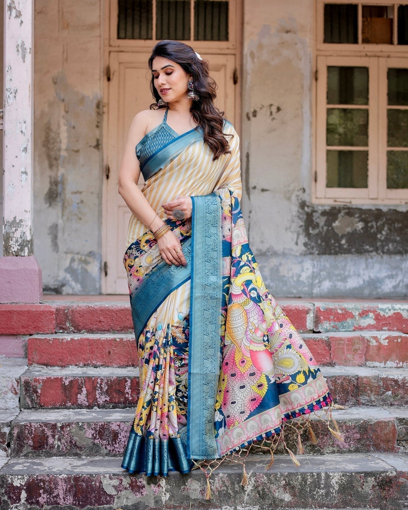 Beige & Teal Tussar Silk Saree with Intricate Kalamkari and Zari Border