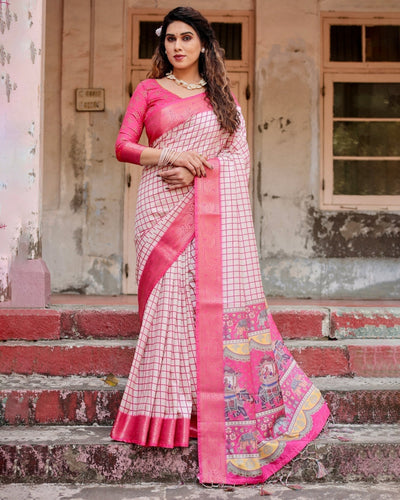 Pink and Ivory Tussar Silk Saree with Golden Zari Border and Majestic Elephant Motif Pallu