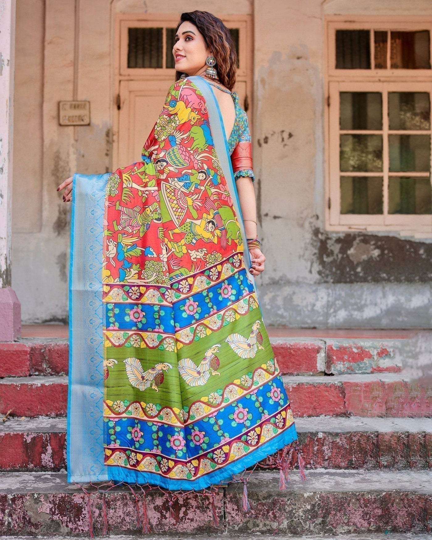 Multicolor Folk Art Inspired Digital Print Tussar Silk Saree with Sky Blue Zari Border