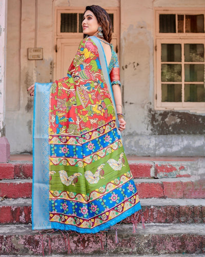 Multicolor Folk Art Inspired Digital Print Tussar Silk Saree with Sky Blue Zari Border