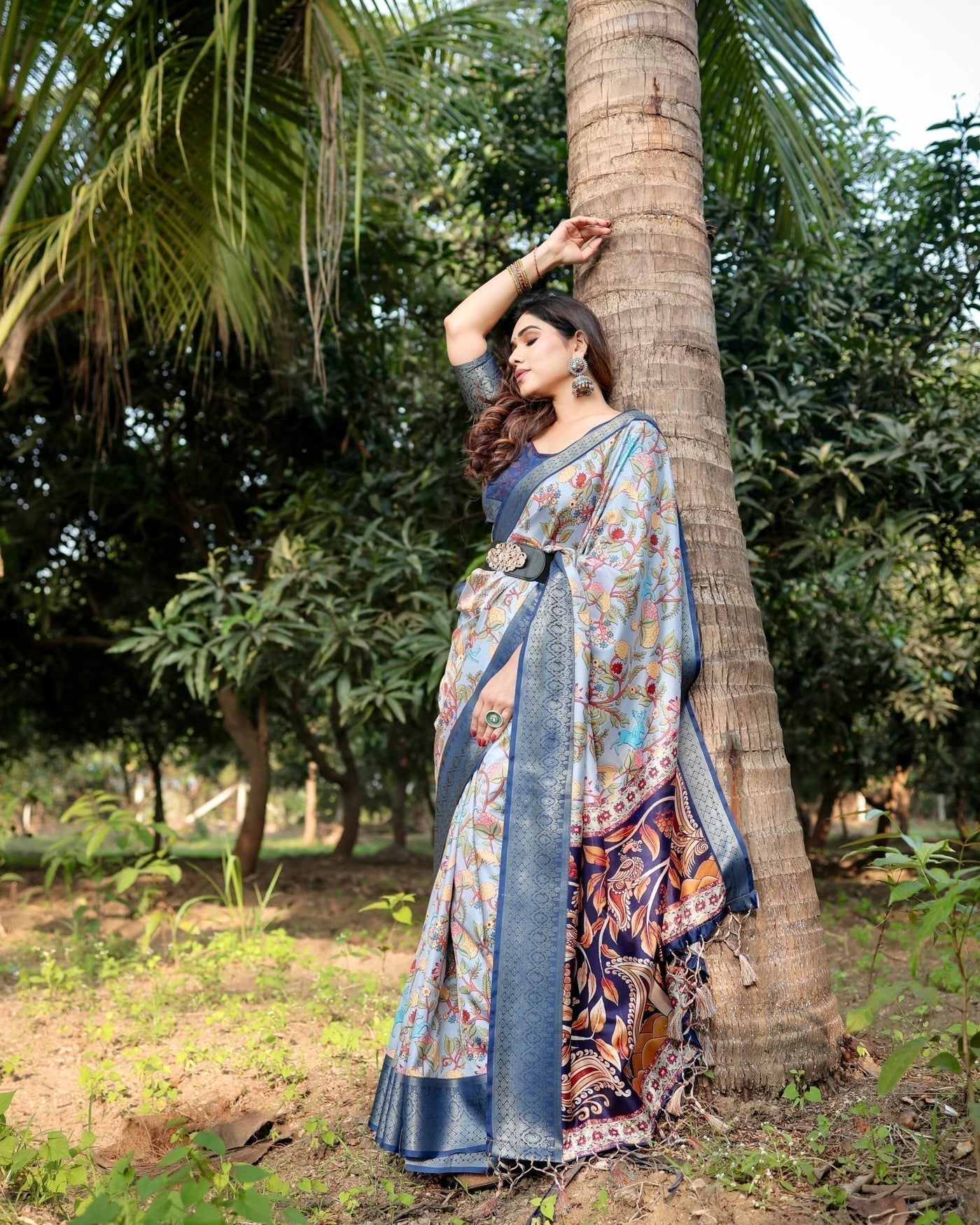 Sky Blue and Navy Digital Print Tussar Silk Saree with Zari Woven Border and Floral Motif Pallu