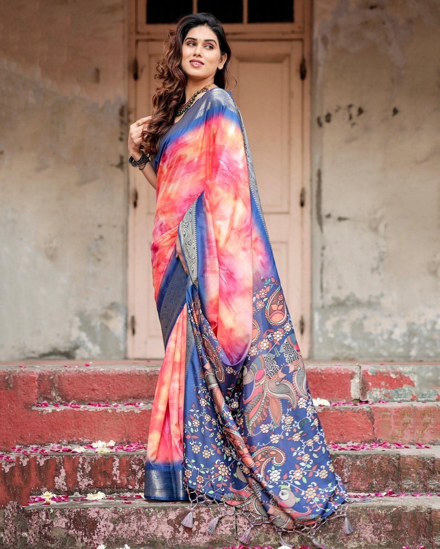 Pink and Blue Digital Printed Saree with Peacock Motif and Tassel Detail