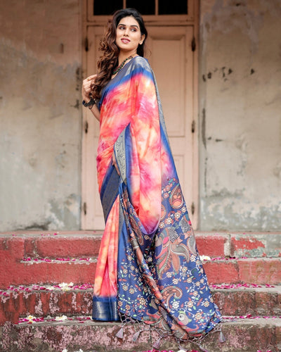 Pink and Blue Digital Printed Saree with Peacock Motif and Tassel Detail