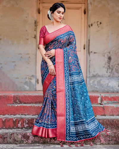 Teal Blue and Coral Tussar Silk Saree with Floral Weaves and Geometric Pallu